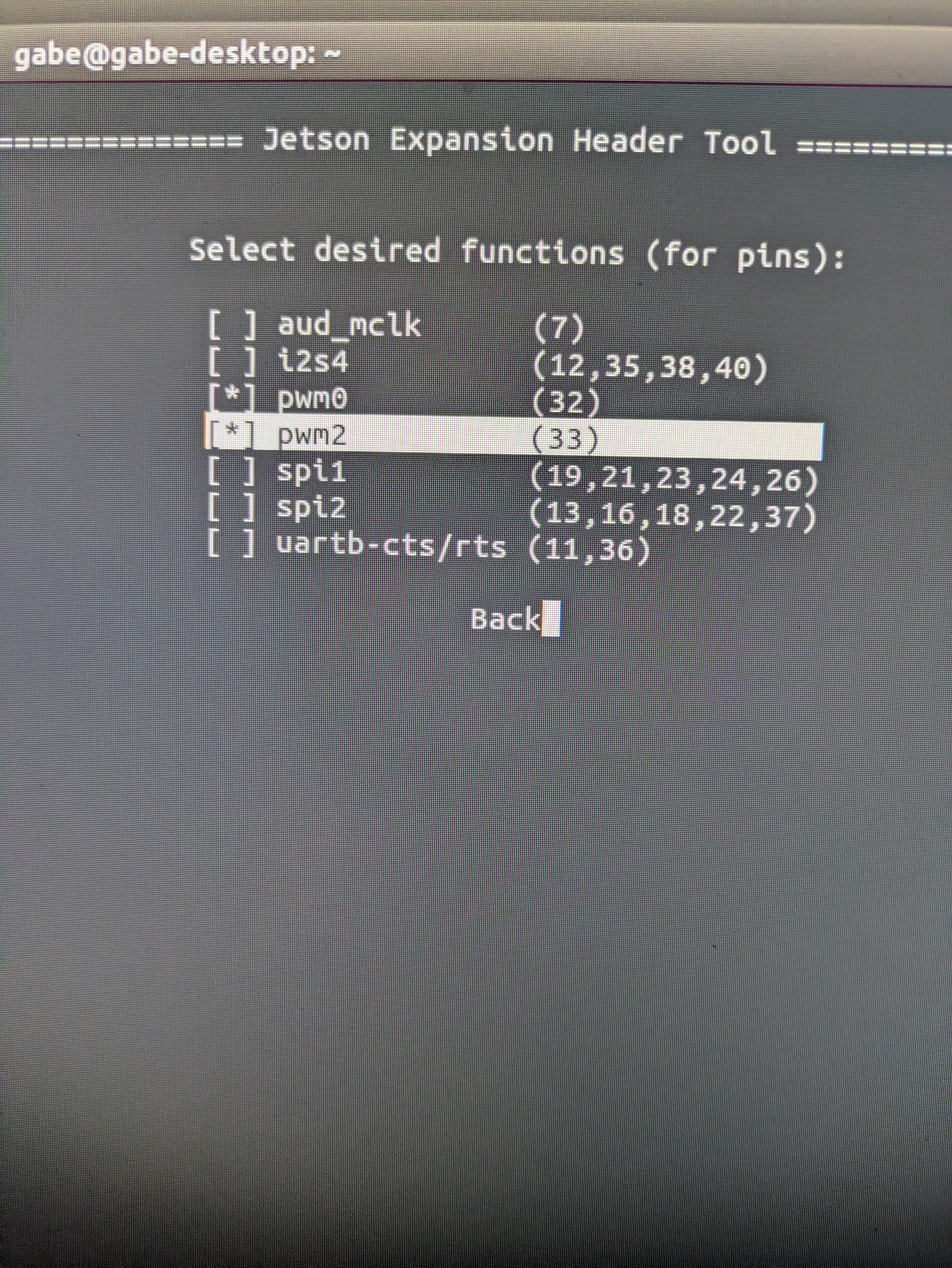 Jetson Expansion Header Tool with hardware PWM enabled on pins 32 and 33